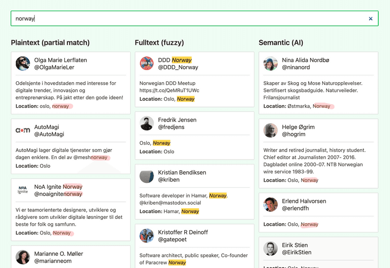 A search for "norway" gives results for all three types of search