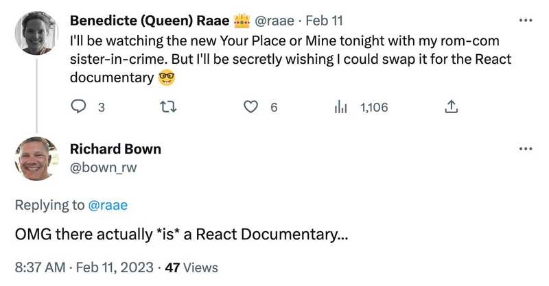 I'll be watching the new Your Place or Mine tonight with my rom-com sister-in-crime. But I'll be secretly wishing I could swap it for the React documentary 🤓