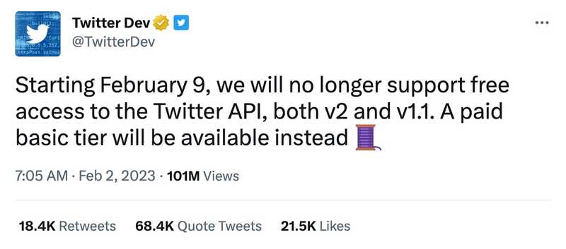 Starting February 9, we will no longer support free access to the Twitter API, both v2 and v1.1. A paid basic tier will be available instead 🧵