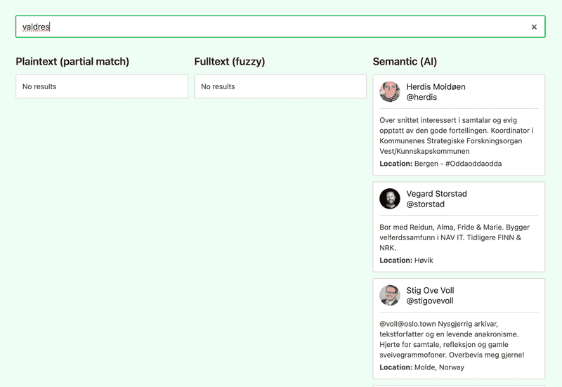 A search for "valdres" gives results only for semantic stype of search